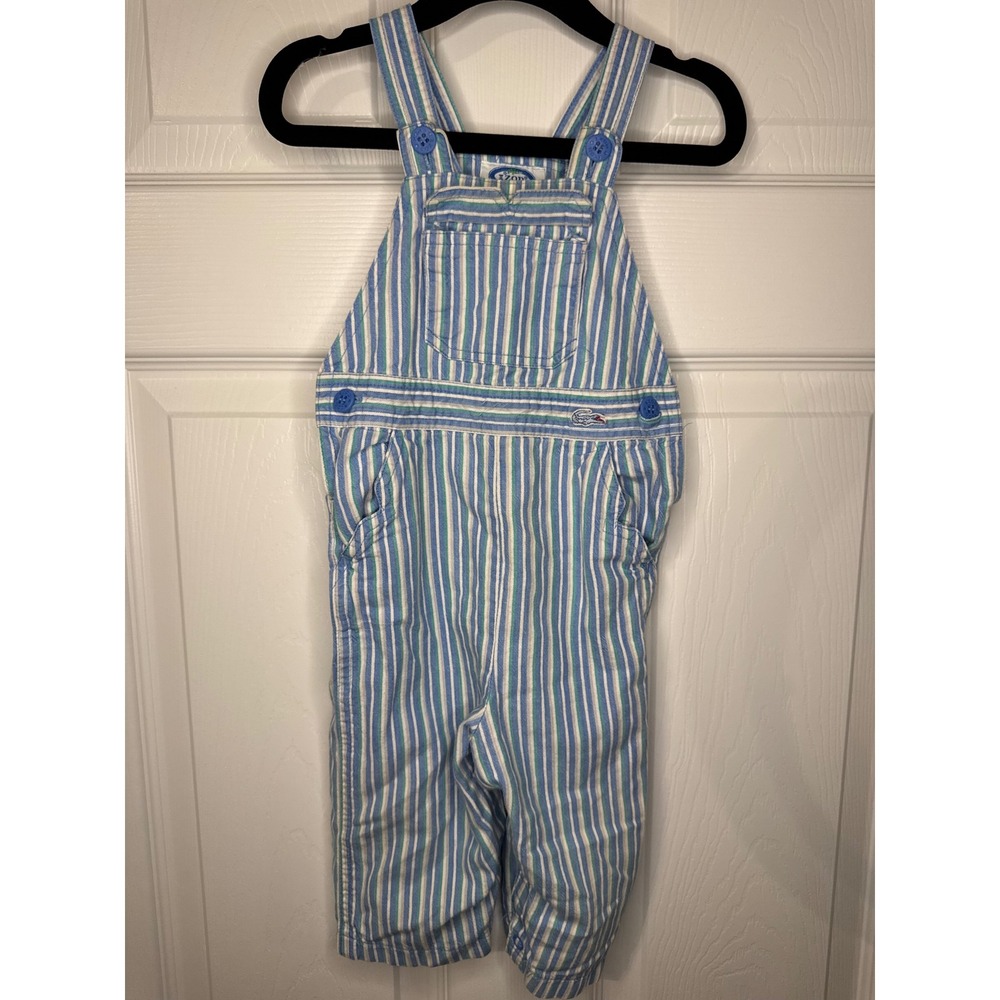 Vintage Izod Lacoste Striped Overalls Blue Green White 12M Baby 52903F